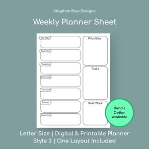 Könnte beinhalten: Ein weißes Wochenplaner-Blatt vor einem türkisfarbenen Hintergrund. Der Planer enthält Abschnitte für jeden Wochentag, Prioritäten, Aufgaben und die nächste Woche. Der Text enthält "Weekly Planner Sheet", "Priorities", "Tasks" und "Bundle Option Available".