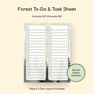 Puede incluir: Una hoja imprimible de tareas y tareas forestales con un fondo de escena forestal. La hoja presenta dos columnas de espacios alineados con círculos para listas de verificación. El texto incluye "Forest To-Do & Task Sheet", "Printable PDF".