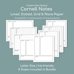 May include: A collection of white Cornell Notes printable PDF pages with lined, dotted, grid, and plane paper styles. The pages include sections for key points, notes, and summaries. Text on the image reads "Cornell Notes" and "8 Styles Included in Bundle."