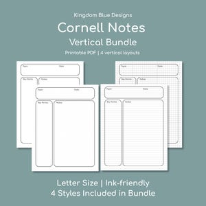 May include: A bundle of printable Cornell Notes in a vertical layout. The design includes sections for topic, date, key points, and notes. The text on the image reads "Letter Size | Ink-friendly" and "4 Styles Included in Bundle."