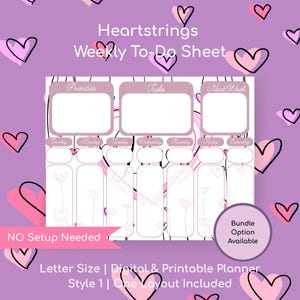 Puede incluir: Una hoja de tareas semanales digital e imprimible con un tema de corazones morados y rosas. El planificador incluye secciones para prioridades, tareas y la próxima semana, con los días de la semana enumerados. El texto incluye "Heartstrings Weekly To-Do Sheet".