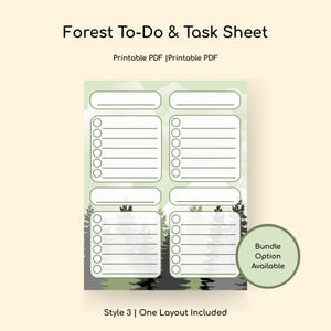 Puede incluir: Una hoja imprimible de tareas y tareas de Forest To-Do con una escena de bosque en la parte inferior. La hoja tiene varias secciones para listas y notas. El texto "Forest To-Do & Task Sheet" está en la parte superior. Las palabras "Printable PDF" también son visibles.