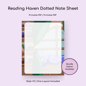 Puede incluir: Una hoja de notas punteada en PDF imprimible titulada "Reading Haven". El diseño presenta un fondo ilustrado suave con una estantería y un gato. El texto incluye "PDF imprimible" y "Estilo V3 | Un diseño incluido". Un gráfico circular dice "Opción de paquete disponible".