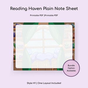 May include: A printable note sheet with the text "Reading Haven Plain Note Sheet." The design features a cartoon illustration of a window with curtains, a cat, and bookshelves. The text "Printable PDF" and "Bundle Option Available" are also included.