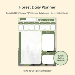 Peut inclure: Un planificateur quotidien Forest vert et blanc avec une mise en page quotidienne de 20 heures. Le planificateur comprend des sections pour le jour, les listes de tâches et les objectifs. Le design présente une scène de forêt et le texte "Forest Daily Planner".