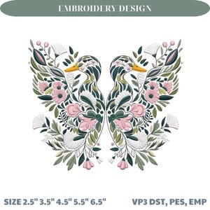 Symmetrical Swan Floral Embroidery Design, Botanical Birds Machine Embroidery Pattern, Nature Inspired Folk Art Swan Instant Download File