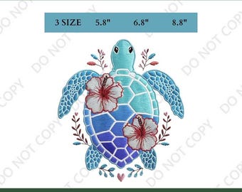 May include: Digital embroidery design featuring a sea turtle with a blue and turquoise shell, adorned with red hibiscus flowers and floral accents. The design is available in three sizes: 5.8", 6.8", and 8.8". The text "EMBROIDERY DIGITAL" is at the top.