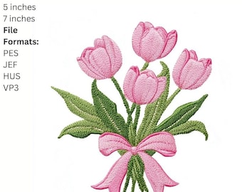 Pink Tulip Flower Embroidery Design, Spring Floral Machine Embroidery File, Bouquet with Ribbon Embroidery Pattern, Instant Download