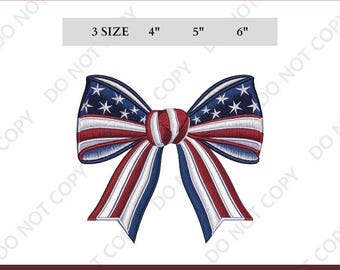 May include: An embroidered bow design in red, white, and blue, featuring stars and stripes. The image includes the text "EMBROIDERY DIGITAL" and size options: 4", 5", and 6". The design is suitable for various embroidery projects.