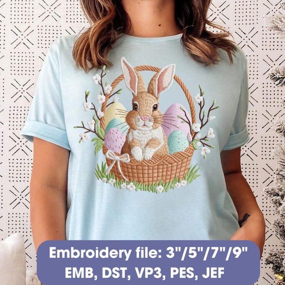 Easter Bunny Embroidery Design, Rabbit with Eggs Machine Embroidery Pattern, Digital Embroidery File for Spring and Holiday Projects