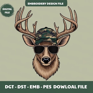 May include: A digital embroidery design file featuring a stylized deer head wearing sunglasses and a camouflage baseball cap. The deer has large antlers and a detailed fur texture. Text includes "Embroidery Design File" and "Digital File".