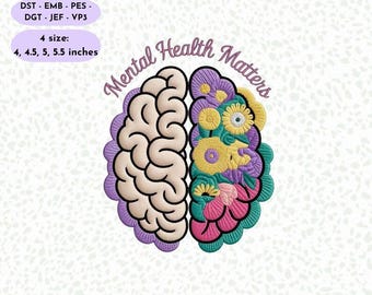 Bordado sobre saúde mental, desenho floral do cérebro, arquivo de bordado para autocuidado, bordado de conscientização, bordado para bem-estar mental.