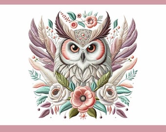 Owl Embroidery Design, Floral Owl Embroidery Pattern Boho Animal Embroidery Woodland Bird Embroidery Nature Wildlife Machine Embroidery File