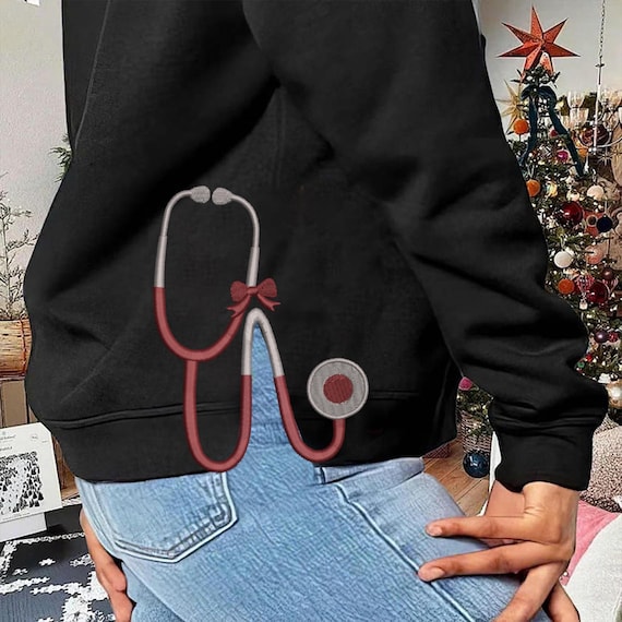 Therapist Medic Stethoscope Split Seam Side Bow Applique Professional Machine Embroidery Designs for Doctor Outfits, Shirts, Available Sizes