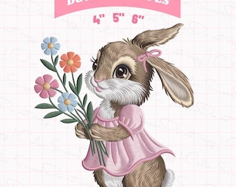 May include: An embroidered design of a brown bunny wearing a pink dress and holding a bouquet of flowers. The flowers are in shades of blue, orange, and pink. The text "DGT DST EMB PES" is above the bunny, with size options of 4", 5", and 6".