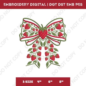 May include: Digital embroidery design of a bow with a strawberry theme. The bow features red and green ribbons, with strawberries and leaves. The design is available in 3 sizes: 10 cm, 15 cm, and 20 cm. The text "EMBROIDERY DIGITAL" is at the top.