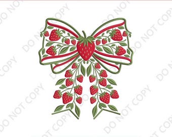 Strawberry Bow Embroidery Design Digital Download Fruit Floral Pattern Cute Summer Decor Machine Embroidery File for Clothes Tote Bag