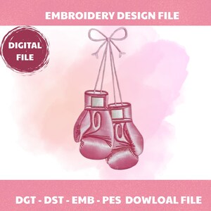 May include: Pink boxing gloves hanging from a ribbon, a digital embroidery design file.