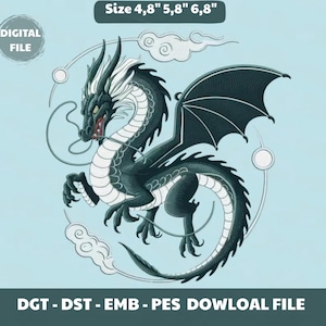 May include: Digital file featuring a detailed black dragon design with white accents, wings, and a serpentine body. The dragon is surrounded by stylized clouds and circles. Text includes "DIGITAL FILE" and size measurements in inches.