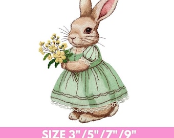May include: An embroidered design of a bunny wearing a green dress and holding yellow flowers. The bunny has brown fur, pink ears, and a detailed face. The text at the bottom reads: SIZE 3"/5"/7"/9" EMB, JEF, DST, PES, VP3.