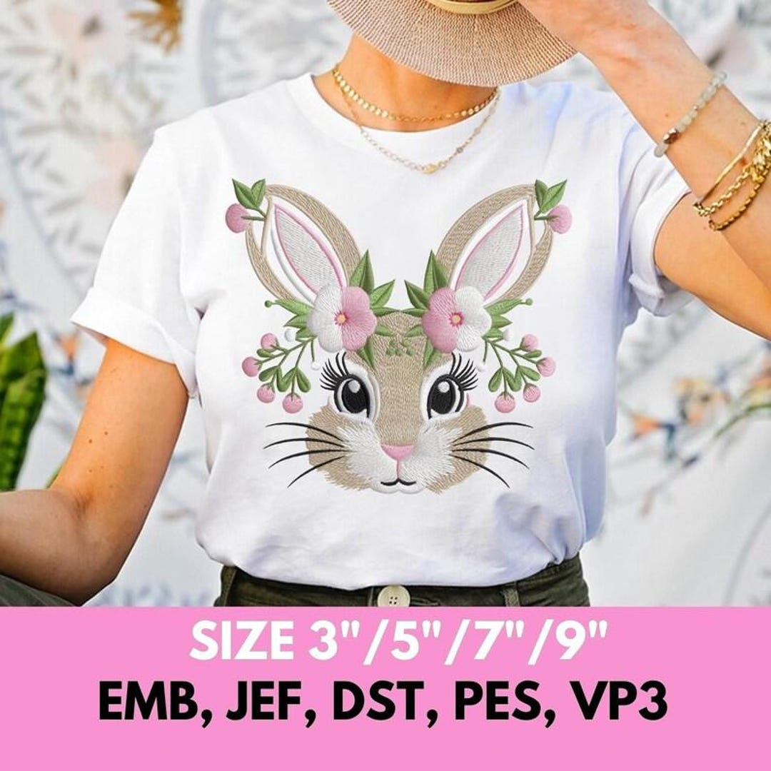 Rabbit Embroidery Design Floral Bunny Face Embroidery File Cute Rabbit ...