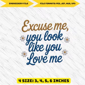 Puede incluir: Un diseño de archivo de bordado con el texto "Excuse me, you look like you Love me" en escritura marrón y azul, con acentos de margaritas. Disponible en tamaños de 7.6, 10.2, 12.7 y 15.2 cm.