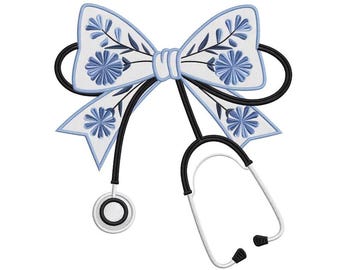 Floral Nurse Bow Stethoscope Embroidery Design – Medical Bow Embroidery Pattern for Nurse Gifts, Doctor Uniforms, Scrubs, Graduation Decor