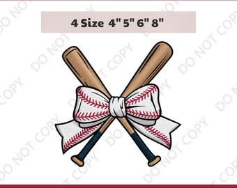 Baseball Bow Embroidery Design | Softball Bat Cross Embroidery Pattern | Cute Sports Machine Embroidery | Game Day Spirit Stitch File