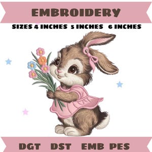 Spring Bunny Holding Flowers Embroidery Design Cute Easter Rabbit Machine Embroidery File Farm Animal Pattern Instant Digital Download