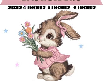 May include: An embroidery design featuring a cartoon bunny holding flowers. The bunny wears a pink dress and bow. Text includes "EMBROIDERY" and size options: 4, 5, and 6 inches. File formats: DGT, DST, EMB, PES.