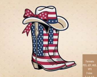 Patriotic Cowboy Boots Embroidery Design Western Cowgirl Hat American Flag USA Country Fourth Of July Western Style Stitch Art