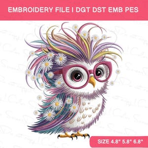 Pode incluir: Design bordado de uma coruja colorida e extravagante, usando óculos rosa e adornada com margaridas brancas. O texto "EMBROIDERY FILE" está no topo. Os tamanhos do design são 12,2 cm, 14,7 cm e 17,3 cm de largura.