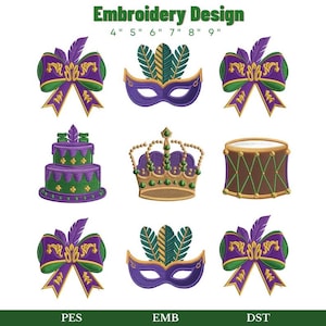Puede incluir: Un diseño de bordado con varios elementos temáticos de Mardi Gras. El diseño incluye un lazo morado y dorado, una máscara morada con plumas, un pastel de dos niveles, una corona y un tambor. El texto "Embroidery Design" está en la parte superior.