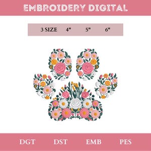 Op de afbeelding: Digitaal borduurontwerp met een pootafdruk gevuld met roze, witte en gele bloemen. Verkrijgbaar in 3 maten: 10 cm, 13 cm en 15 cm. De tekst "EMBROIDERY DIGITAL" staat bovenaan.