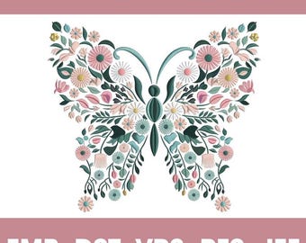 Floral Butterfly Embroidery Design, Butterfly Machine Embroidery Pattern, Digital Embroidery File with Flowers, Instant Download
