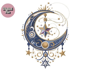 Puede incluir: Archivo de diseño de bordado digital con una luna creciente y estrellas en azul marino, dorado y blanco. El diseño incluye una estrella central, estrellas colgantes y hebras de cuentas decorativas. También está presente el texto "Embroidery Design File" y "Digital File".