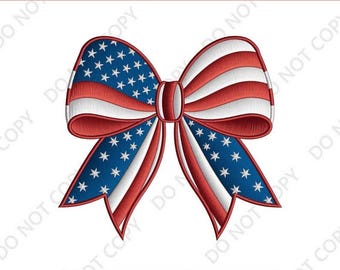 May include: An embroidered bow design in red, white, and blue, featuring the American flag's colors and stars. The design is available in 4", 5", and 6" sizes. The text "EMBROIDERY DIGITAL" is at the top.