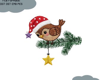 Fichier de broderie oiseau de Noël moineau sur branche de pin avec ornement étoile chapeau de fête hiver motif point machine broderie vacances
