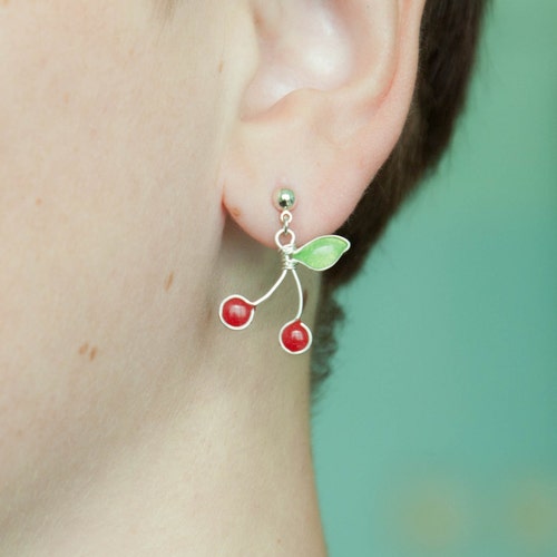 Tiny Cherry Post Earrings Etsy