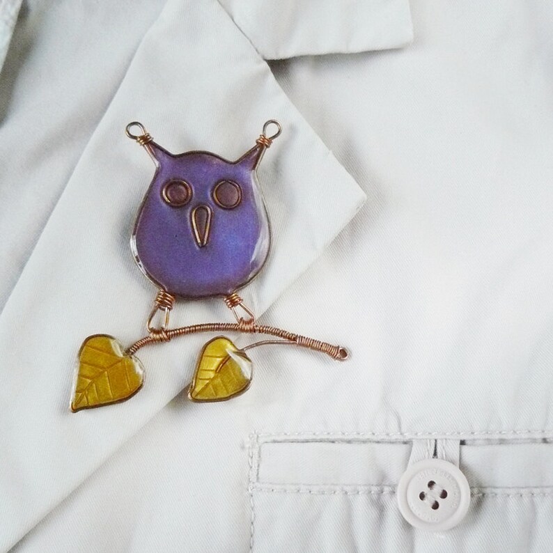 Animal brooch Purple owl pin image 5