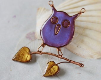 Animal brooch - Purple owl pin