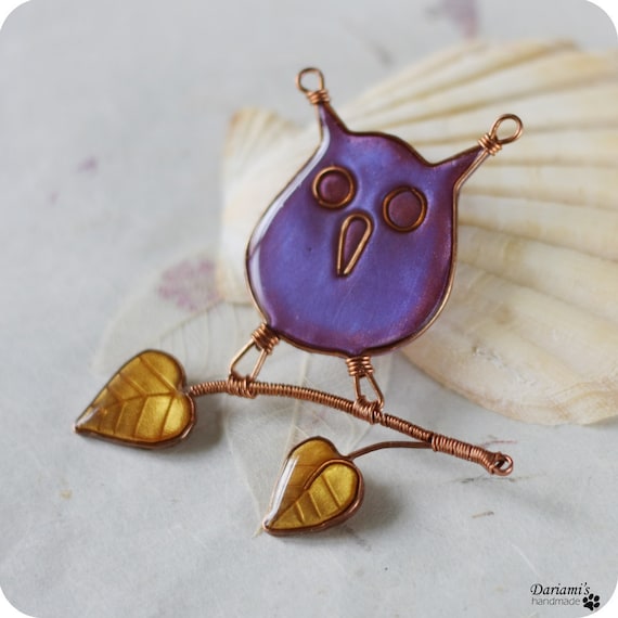 Animal brooch - Purple owl pin