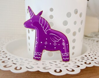 Unicorn brooch pin -purple with white pattern