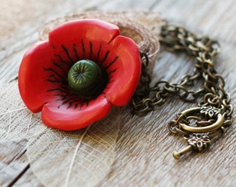 Necklace - Red Poppy Flower