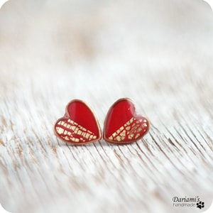 Stud earrinngs Red Gold Hearts image 1