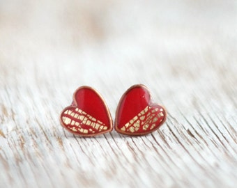 Stud earrinngs - Red Gold Hearts