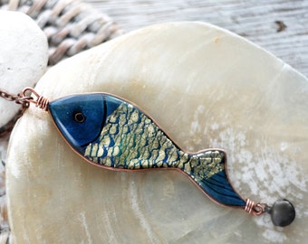 Necklace - Golden Indigo Fish with bell - BOHO chic