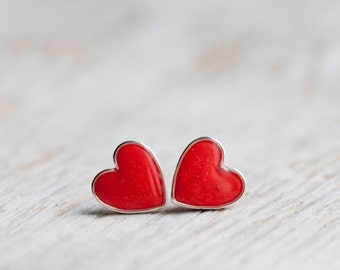 Earring Studs - Vermilion Red Hearts - Heart Earrings