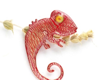 Animal jewelry - Gold and Red Chameleon Brooch