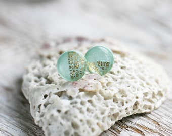 Earring Studs - Round Mint Gold Posts -Tiny earrings